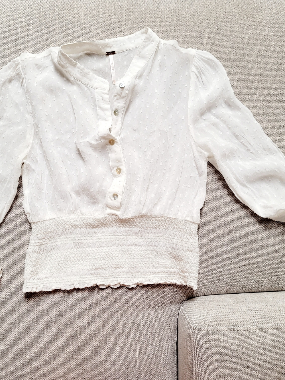 Free People White Swiss Dot Smocked Hem Blouse